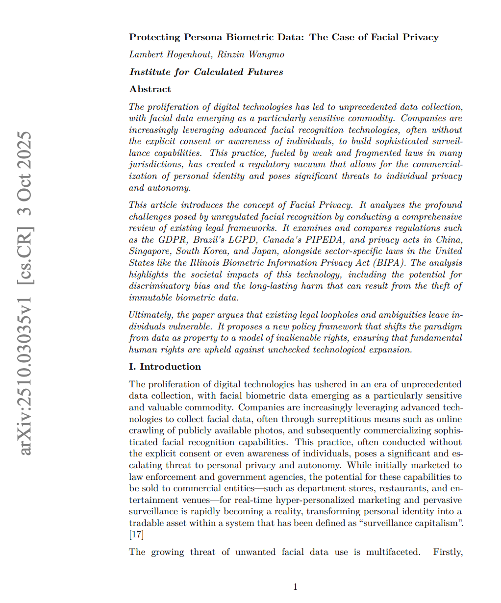 First page of article called Protecting Persona Biometric Data